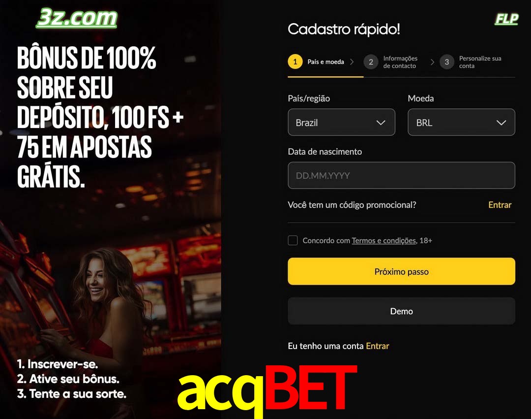 acqbet registro oficial cassino online Brasil com bônus de depósito e free spins